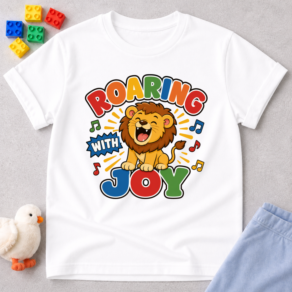 Roaring with Joy Christian kids shirt in white featuring a happy lion singing with musical notes

