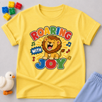 Roaring with Joy Christian kids shirt in yellow featuring a happy lion singing with musical notes

