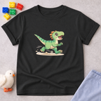 Running Dino Faith Shirt Christian kids shirt in Black featuring a playful running dinosaur character