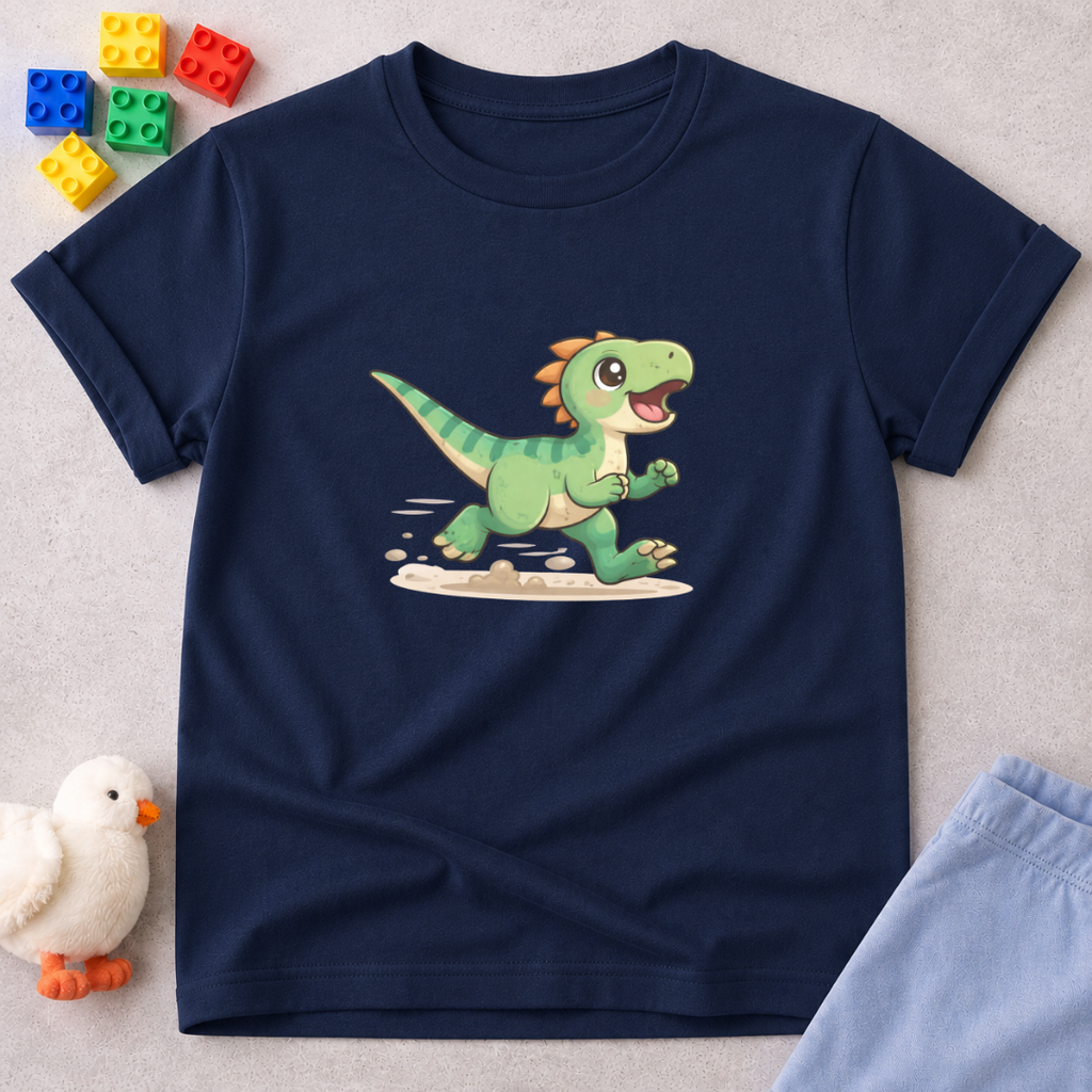 Running Dino Faith Shirt Christian kids shirt in Navy featuring a playful running dinosaur character
