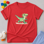 Running Dino Faith Shirt Christian kids shirt in Red featuring a playful running dinosaur character