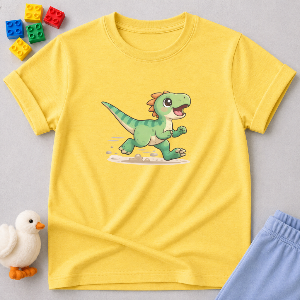 Running Dino Faith Shirt Christian kids shirt in Yellow featuring a playful running dinosaur character