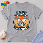 Safe in God's Hands Christian kids shirt in gray featuring caring hands protecting adorable animals
