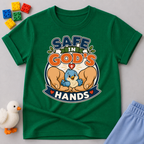 Safe in God's Hands Christian kids shirt in green featuring caring hands protecting adorable animals
