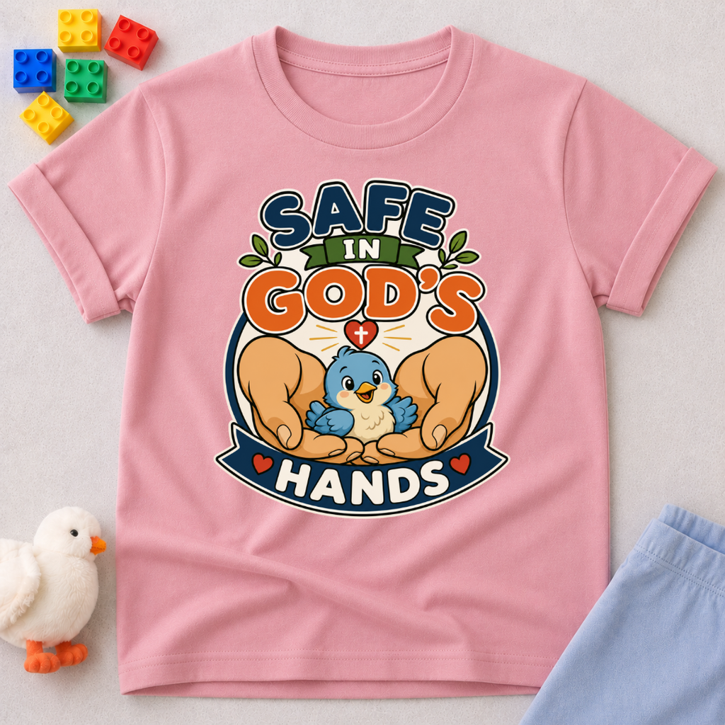 Safe in God's Hands Christian kids shirt in pink featuring caring hands protecting adorable animals
