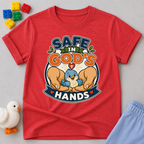 Safe in God's Hands Christian kids shirt in red featuring caring hands protecting adorable animals
