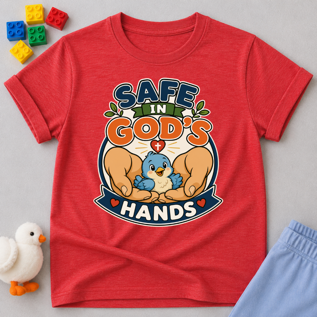 Safe in God's Hands Christian kids shirt in red featuring caring hands protecting adorable animals
