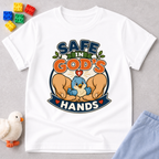 Safe in God's Hands Christian kids shirt in white featuring caring hands protecting adorable animals
