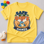 Safe in God's Hands Christian kids shirt in yellow featuring caring hands protecting adorable animals
