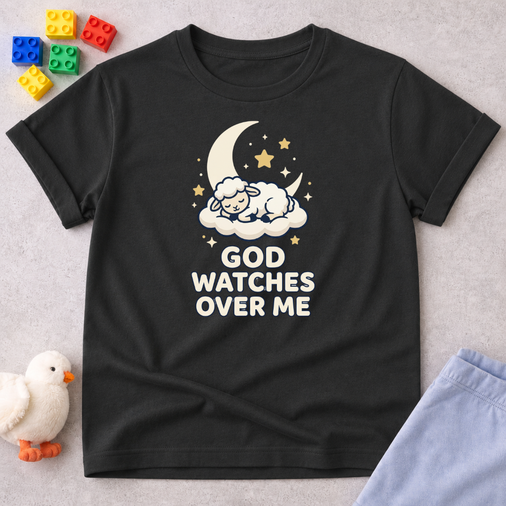 Safe In Gods Loving Care Christian kids shirt in Black featuring moon and stars with a protection message