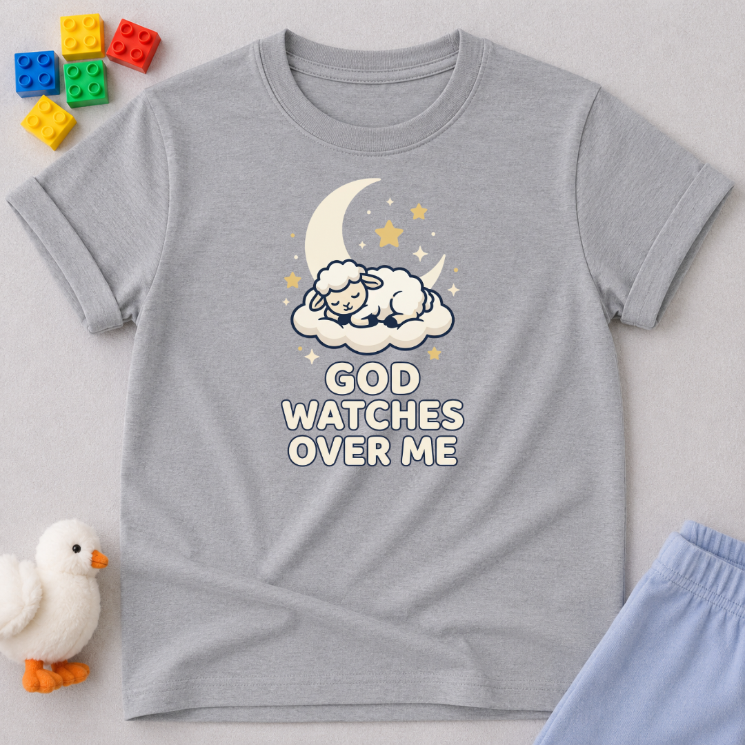 Safe In Gods Loving Care Christian kids shirt in Gray featuring moon and stars with a protection message