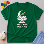 Safe In Gods Loving Care Christian kids shirt in Green featuring moon and stars with a protection message