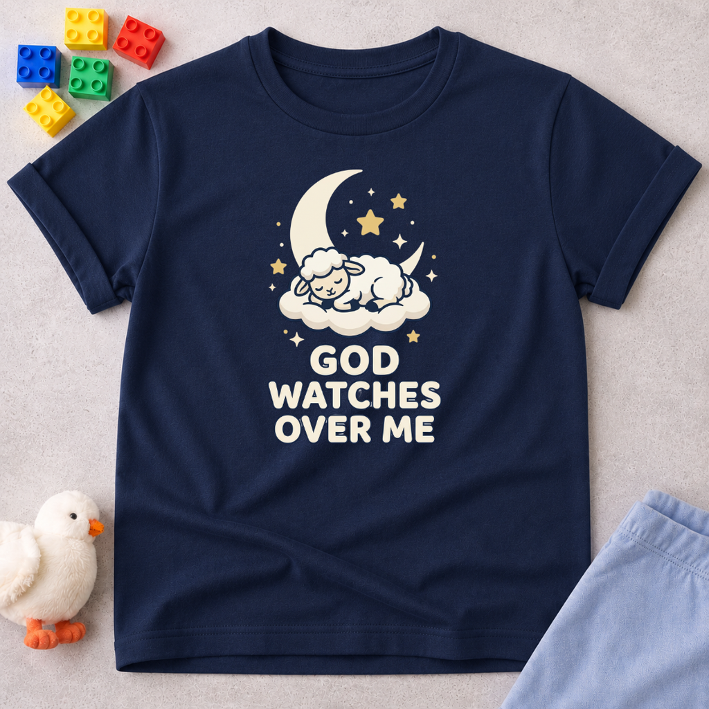 Safe In Gods Loving Care Christian kids shirt in Navy featuring moon and stars with a protection message