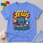 Saved by Jesus and Snacks Christian kids shirt in blue featuring a smiling superhero snack character
