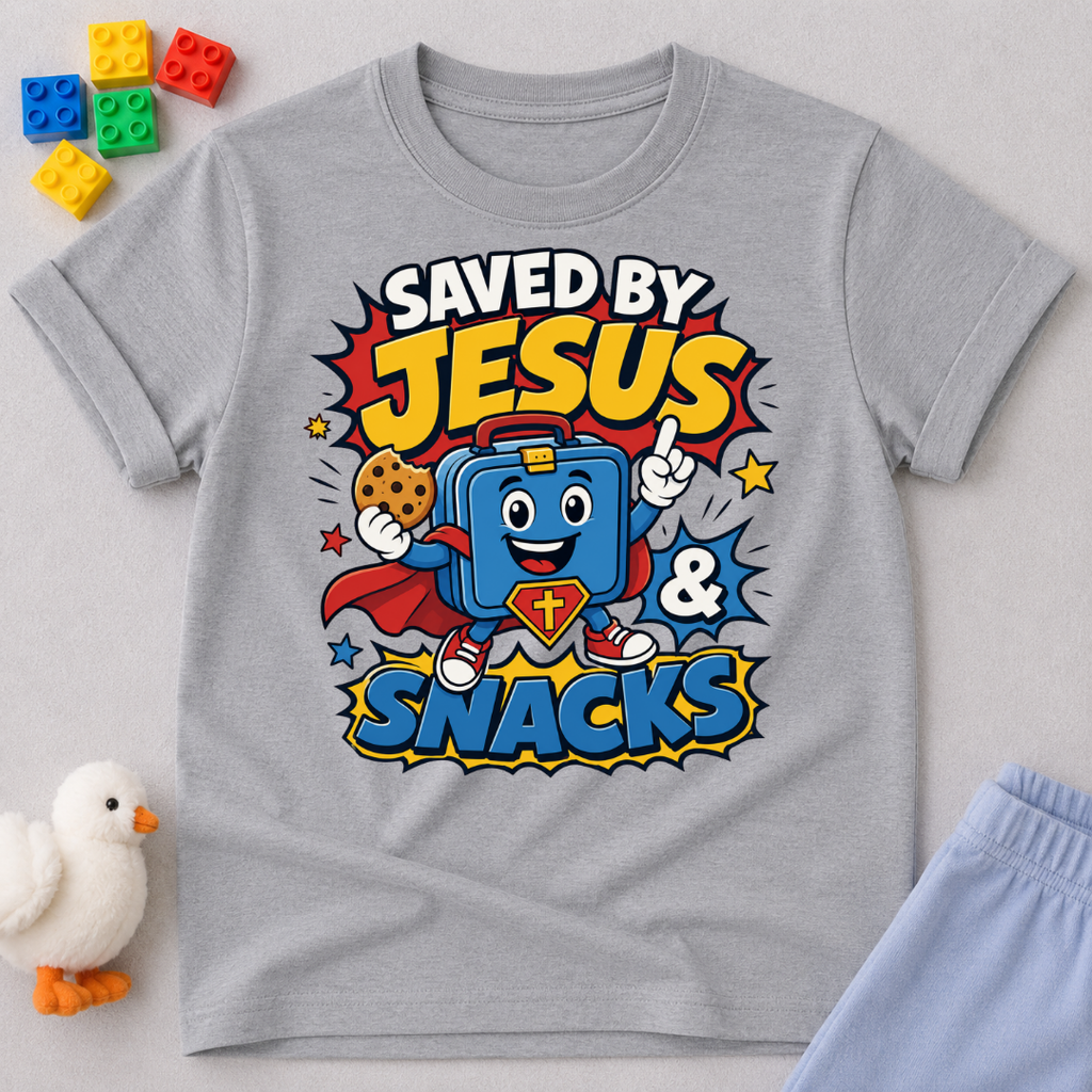 Saved by Jesus and Snacks Christian kids shirt in gray featuring a smiling superhero snack character
