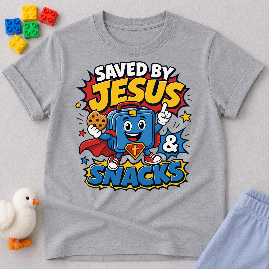 Saved by Jesus and Snacks Christian kids shirt in gray featuring a smiling superhero snack character
