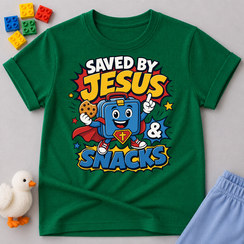 Saved by Jesus and Snacks Christian kids shirt in green featuring a smiling superhero snack character
