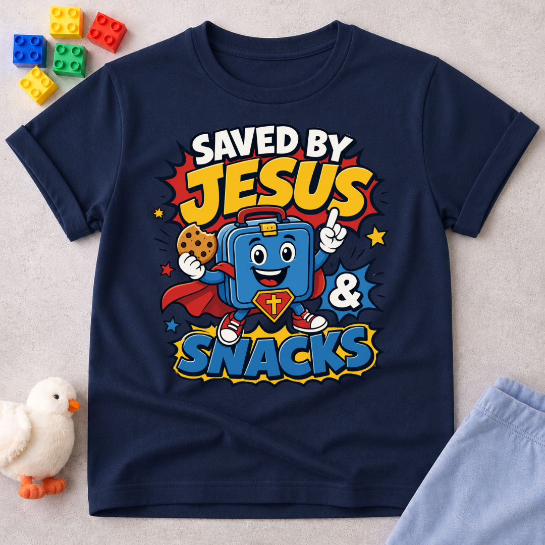 Saved by Jesus and Snacks Christian kids shirt in navy featuring a smiling superhero snack character
