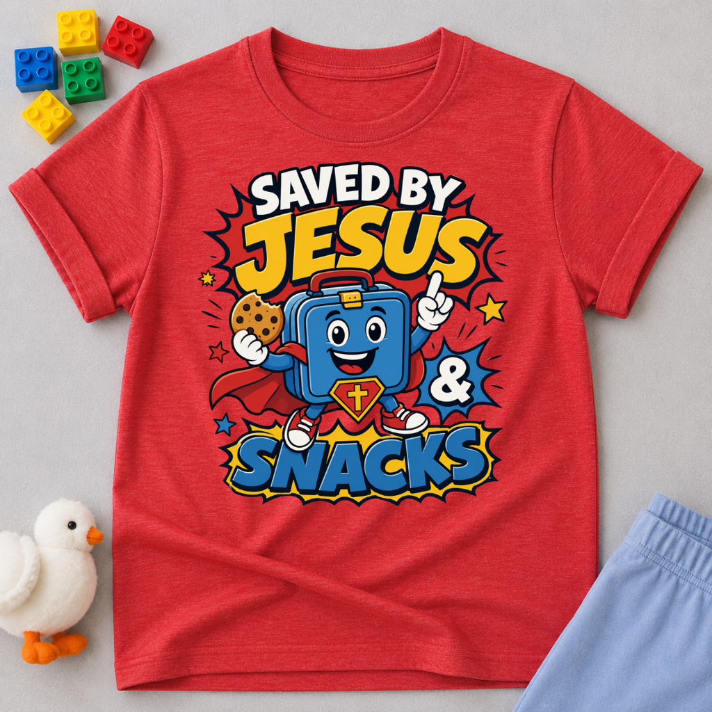 Saved by Jesus and Snacks Christian kids shirt in red featuring a smiling superhero snack character
