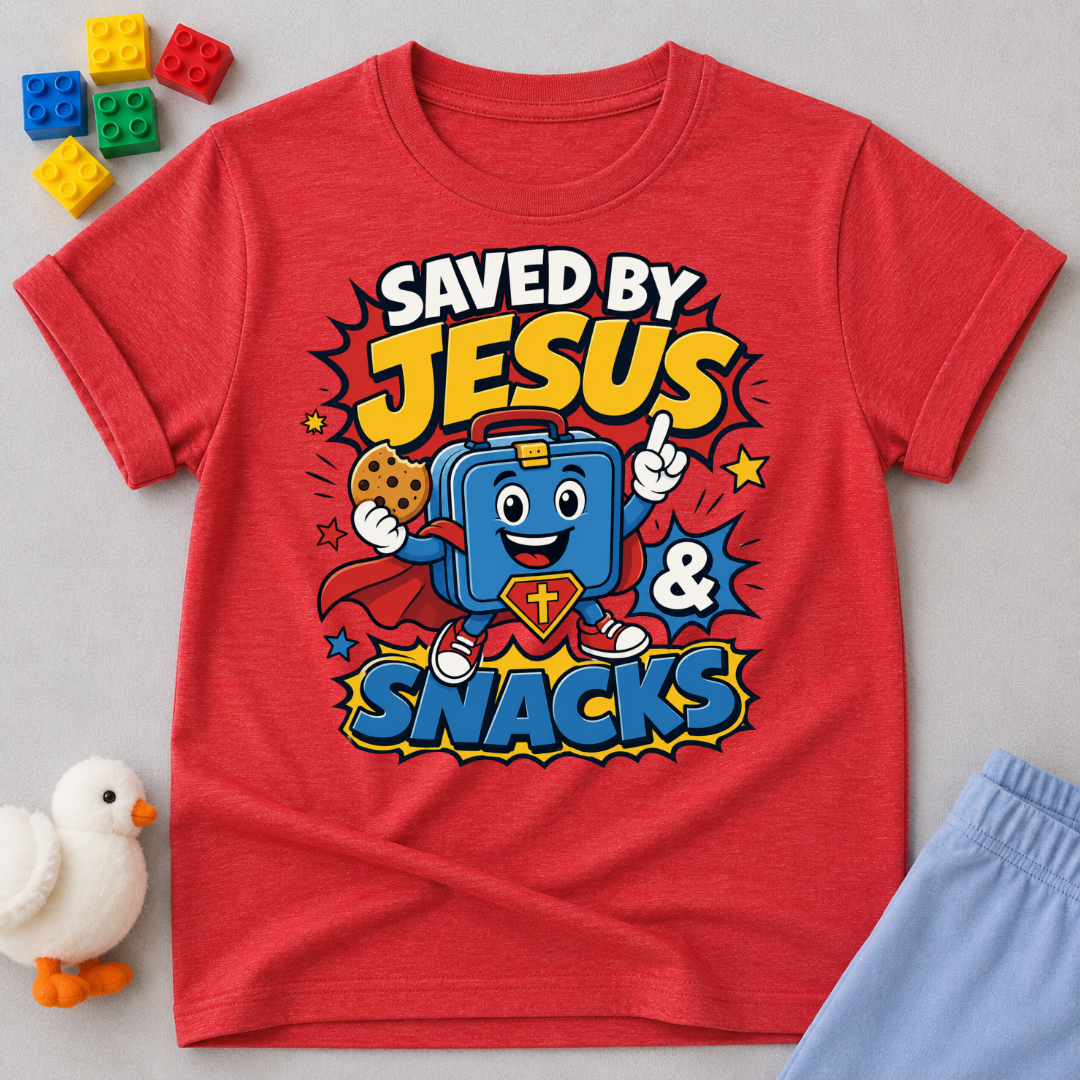 Saved by Jesus and Snacks Christian kids shirt in red featuring a smiling superhero snack character
