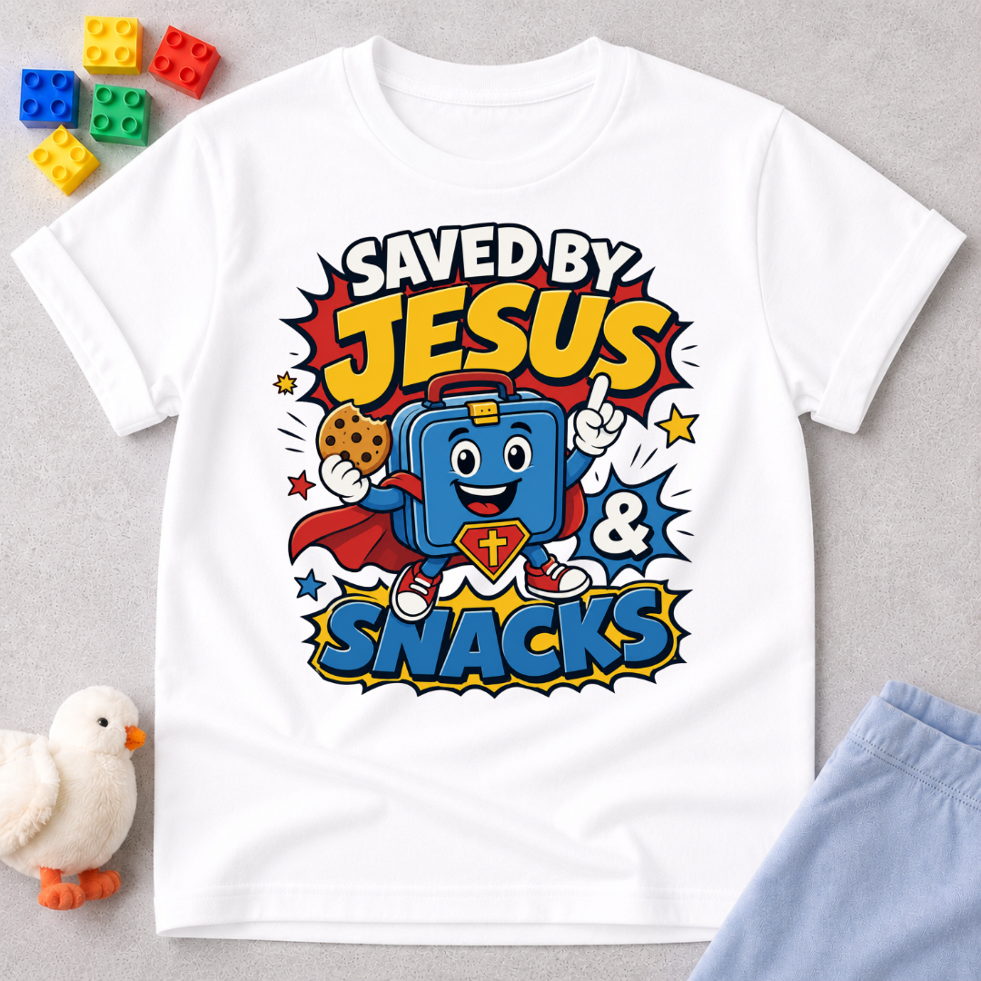 Saved by Jesus and Snacks Christian kids shirt in white featuring a smiling superhero snack character
