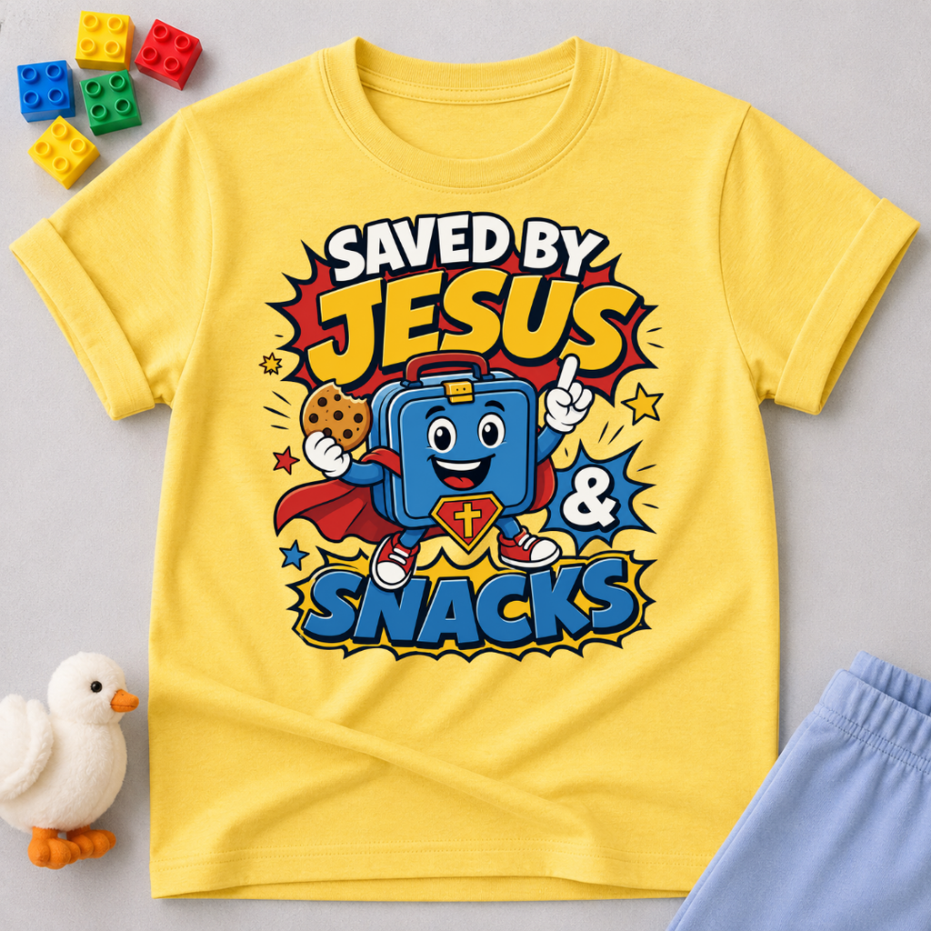 Saved by Jesus and Snacks Christian kids shirt in yellow featuring a smiling superhero snack character
