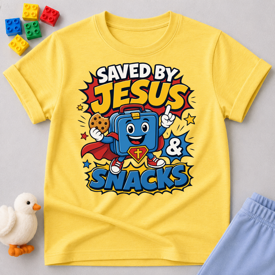 Saved by Jesus and Snacks Christian kids shirt in yellow featuring a smiling superhero snack character
