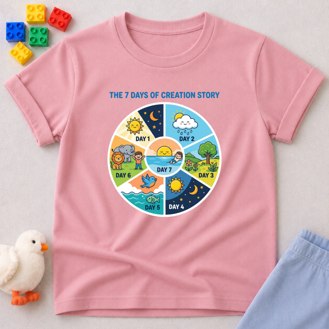 Seven Days of Creation Shirt Christian kids shirt in Pink featuring a colorful creation story learning graphic