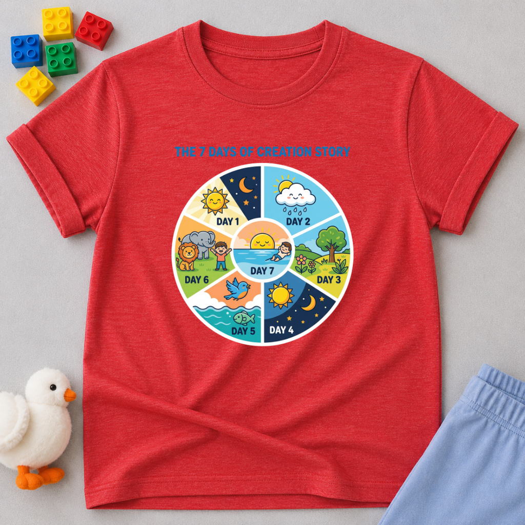 Seven Days of Creation Shirt Christian kids shirt in Red featuring a colorful creation story learning graphic