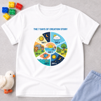 Seven Days of Creation Shirt Christian kids shirt in White featuring a colorful creation story learning graphic