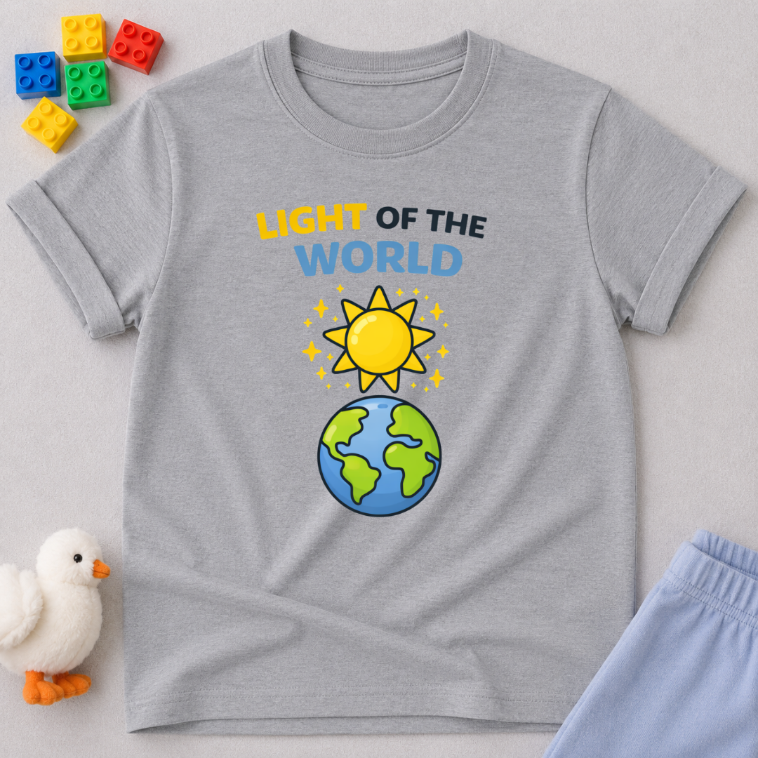 Shining Bright For Jesus Christian kids shirt in Gray featuring earth and sunshine illustration