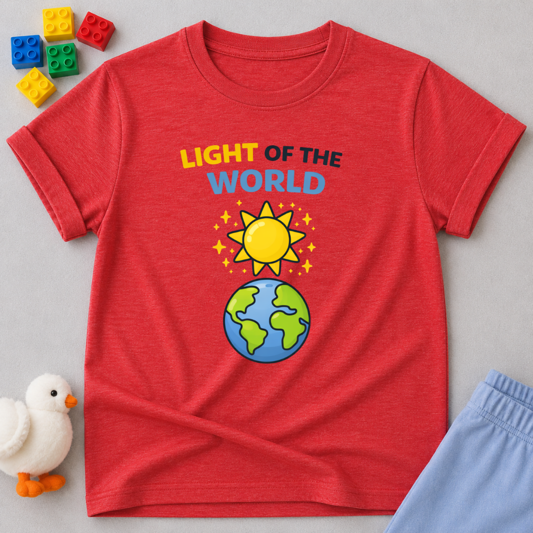 Shining Bright For Jesus Christian kids shirt in Red featuring earth and sunshine illustration
