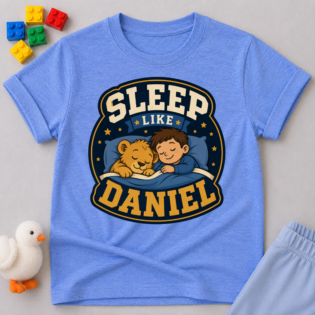 Sleep Like Daniel Christian kids shirt in blue featuring a sleeping child and lion under the stars
