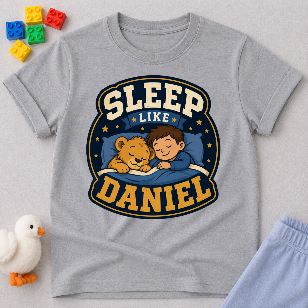 Sleep Like Daniel Christian kids shirt in gray featuring a sleeping child and lion under the stars
