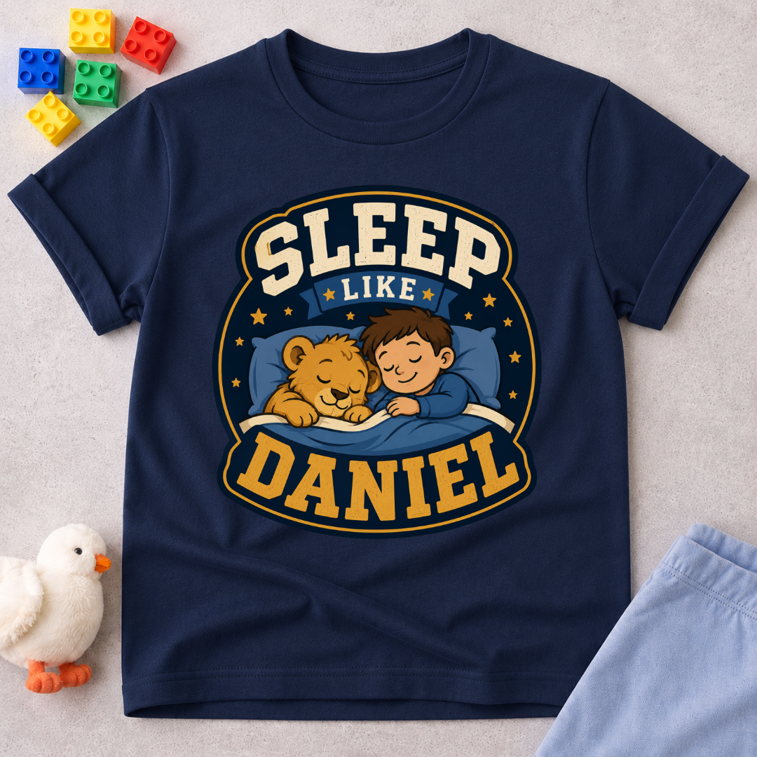 Sleep Like Daniel Christian kids shirt in navy featuring a sleeping child and lion under the stars
