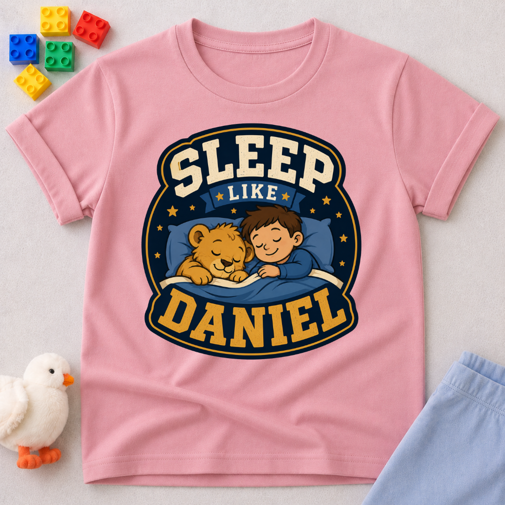Sleep Like Daniel Christian kids shirt in pink featuring a sleeping child and lion under the stars
