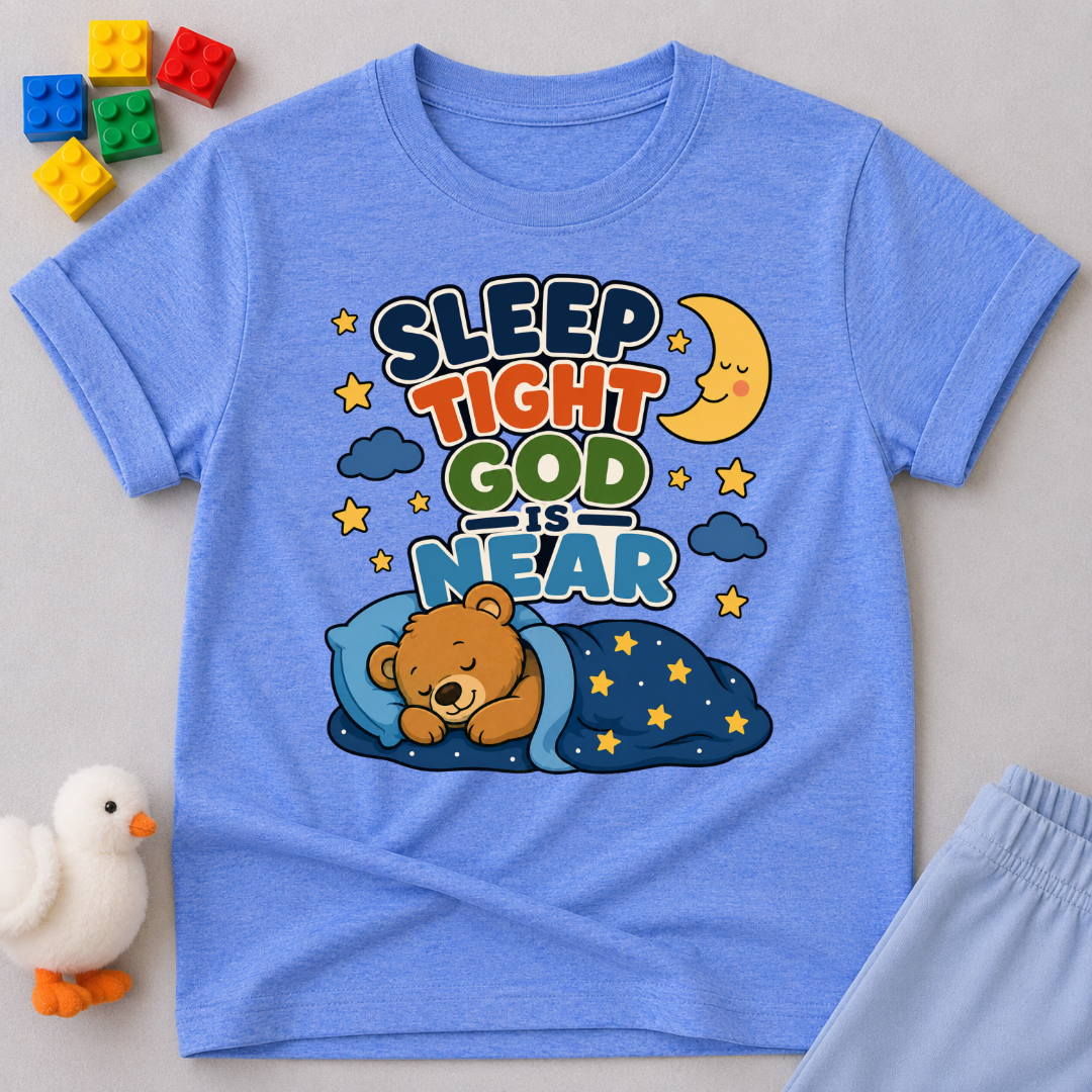 Sleep Tight God Is Near Christian kids shirt in blue featuring a sleeping bear beneath the moon
