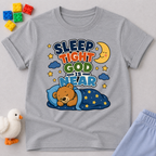Sleep Tight God Is Near Christian kids shirt in gray featuring a sleeping bear beneath the moon
