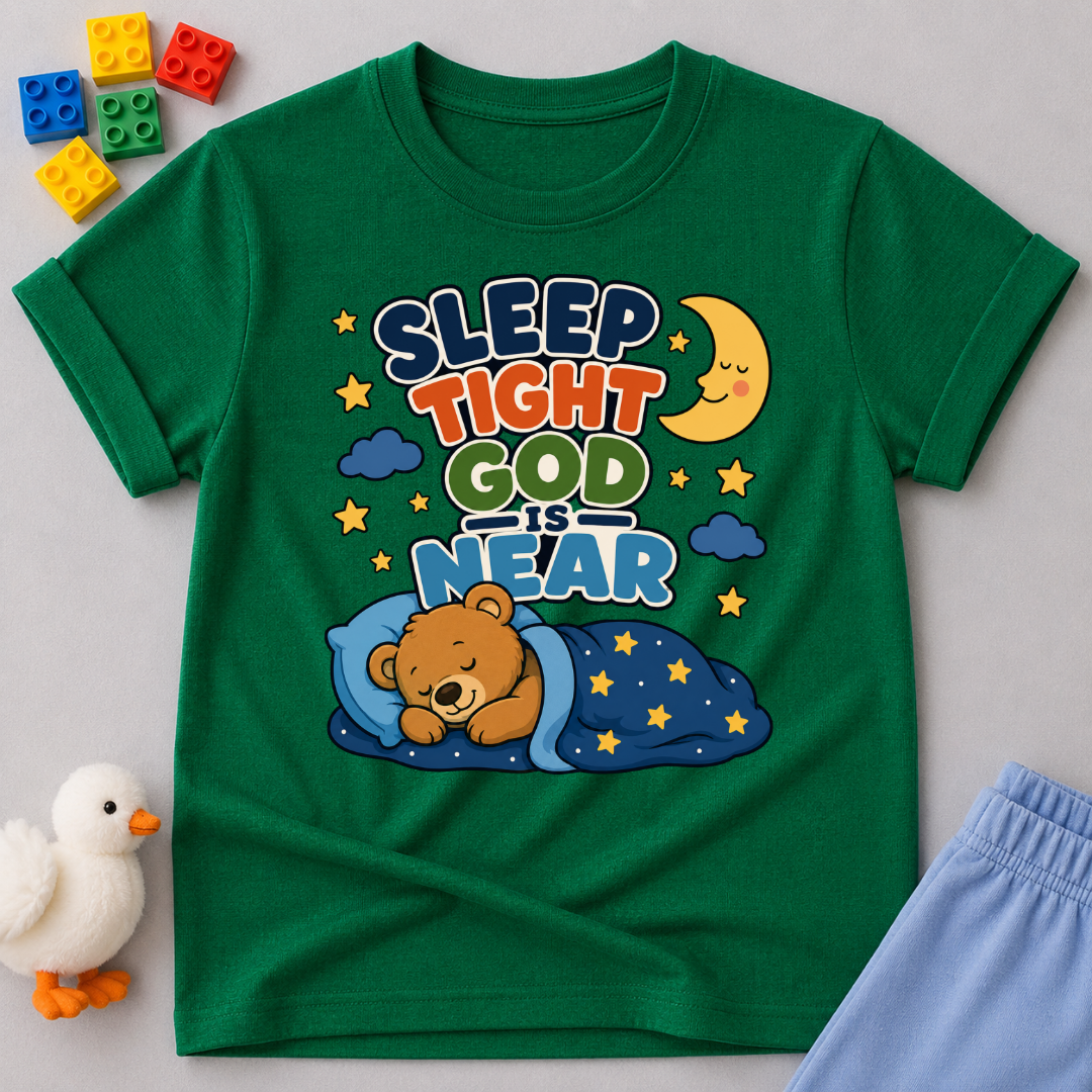 Sleep Tight God Is Near Christian kids shirt in green featuring a sleeping bear beneath the moon
