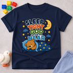 Sleep Tight God Is Near Christian kids shirt in navy featuring a sleeping bear beneath the moon
