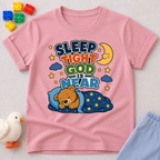 Sleep Tight God Is Near Christian kids shirt in pink featuring a sleeping bear beneath the moon
