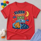 Sleep Tight God Is Near Christian kids shirt in red featuring a sleeping bear beneath the moon
