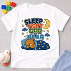 Sleep Tight God Is Near Christian kids shirt in white featuring a sleeping bear beneath the moon

