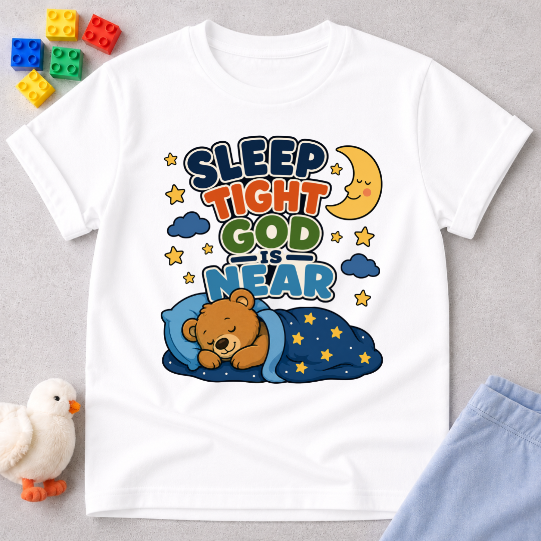 Sleep Tight God Is Near Christian kids shirt in white featuring a sleeping bear beneath the moon
