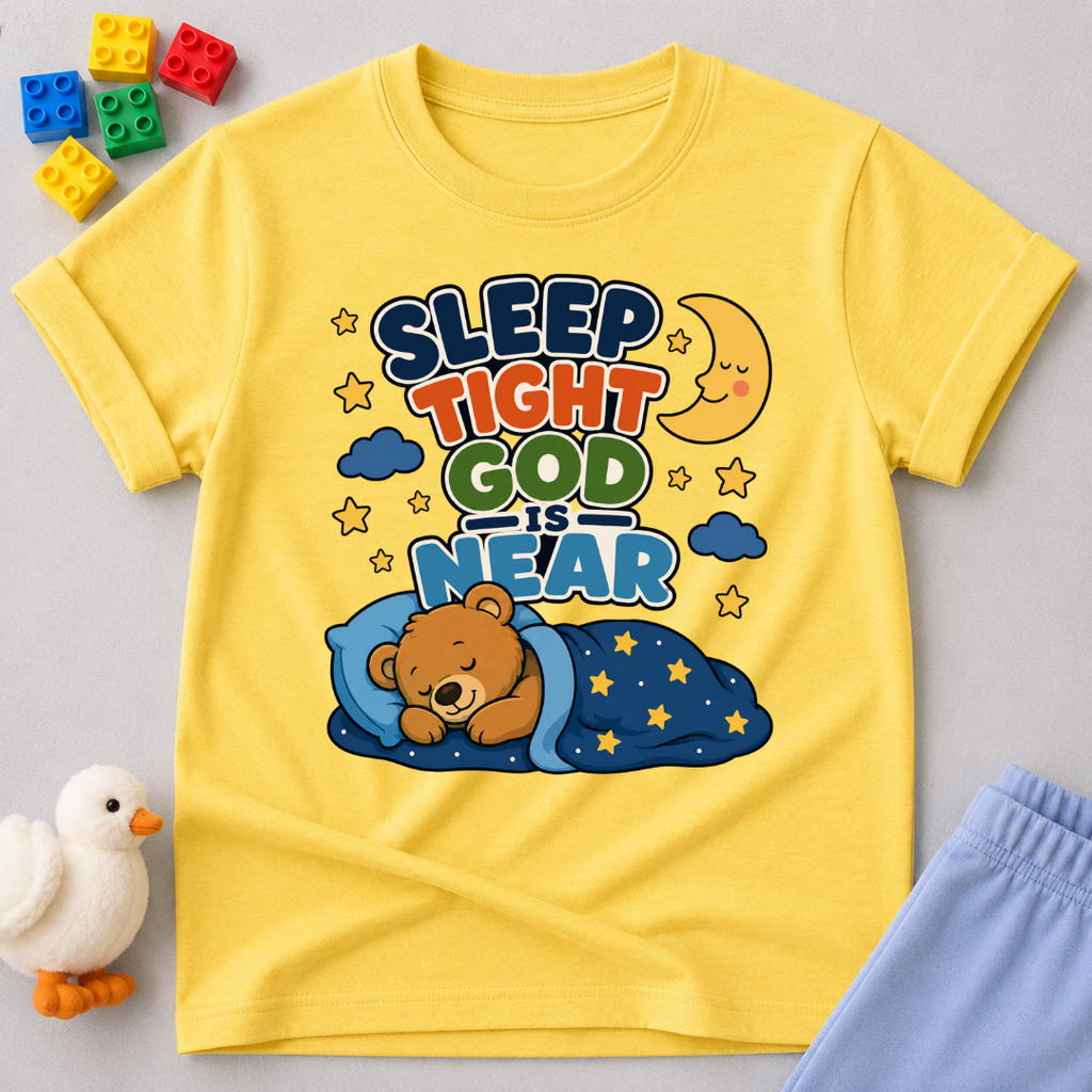 Sleep Tight God Is Near Christian kids shirt in yellow featuring a sleeping bear beneath the moon
