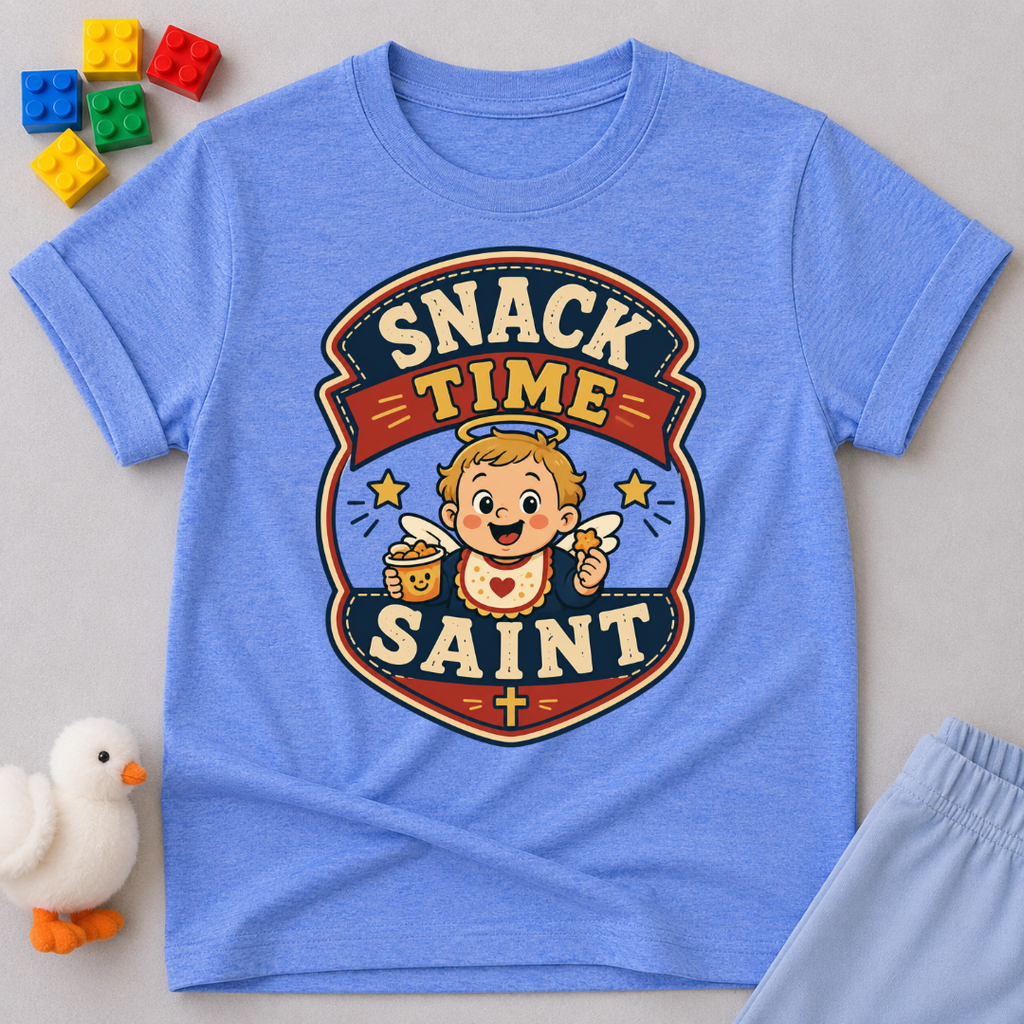 Snack Time Saint Christian kids shirt in blue featuring a smiling child enjoying snack time
