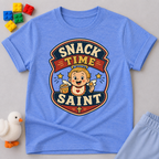 Snack Time Saint Christian kids shirt in blue featuring a smiling child enjoying snack time
