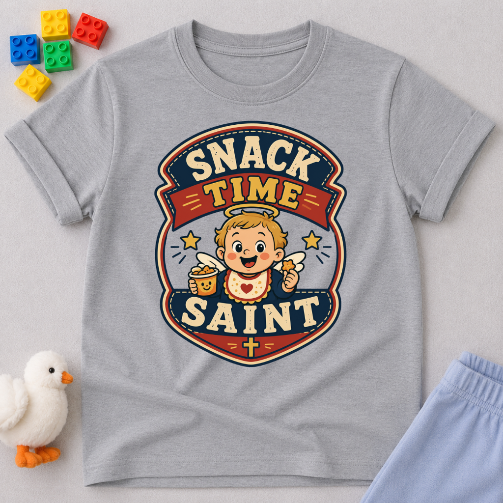 Snack Time Saint Christian kids shirt in gray featuring a smiling child enjoying snack time
