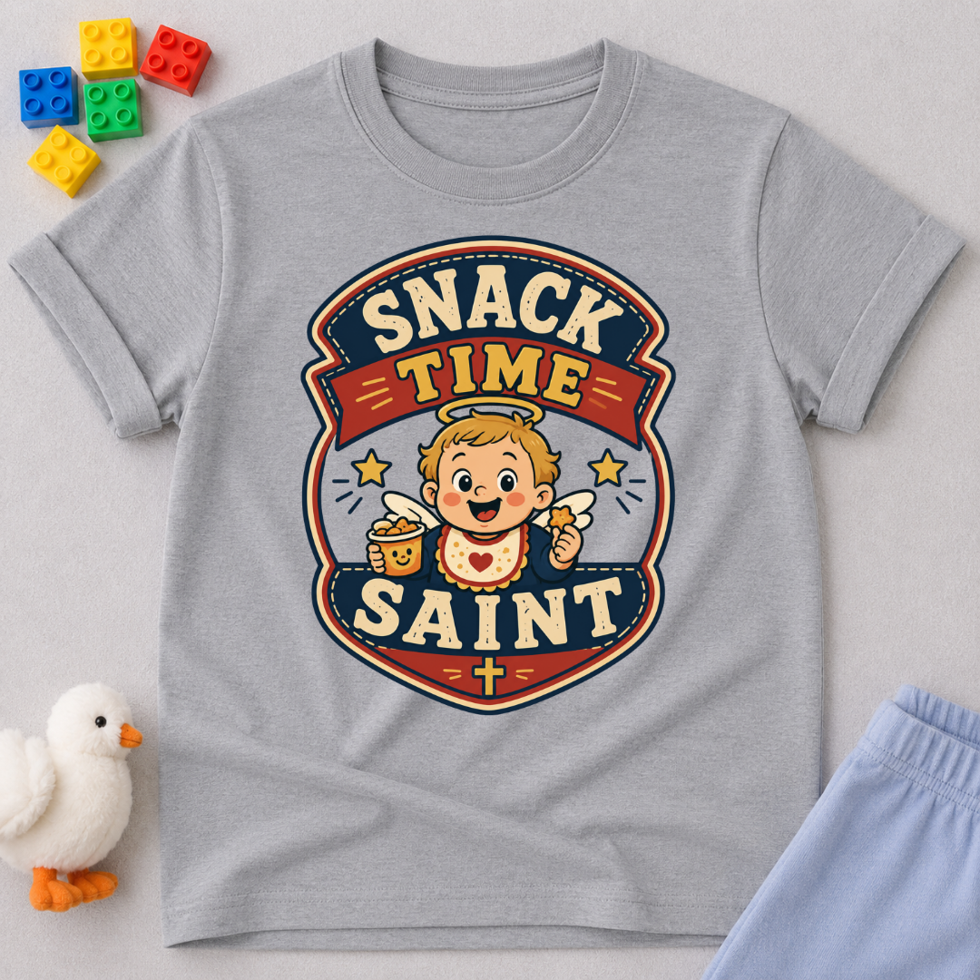 Snack Time Saint Christian kids shirt in gray featuring a smiling child enjoying snack time
