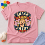 Snack Time Saint Christian kids shirt in pink featuring a smiling child enjoying snack time
